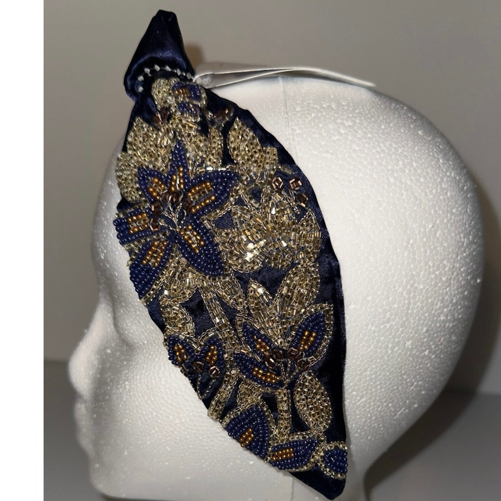 Headband Navy Blue Gold Embellished Beaded Floral Knot Women Sequin NWT